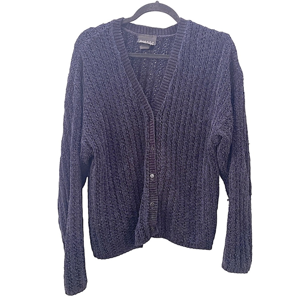 Vintage Eileen Fisher Navy Blue Chenille Long Sleeved Cardigan Sweater S